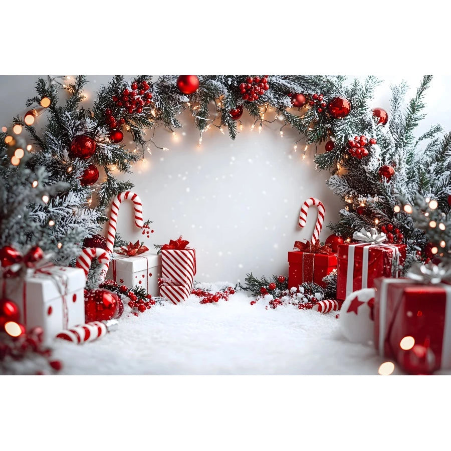 Holiday Arch Christmas Photography Backdrop – Red & Gold Festive Scene