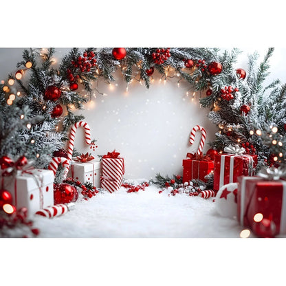 Holiday Arch Christmas Photography Backdrop – Red & Gold Festive Scene