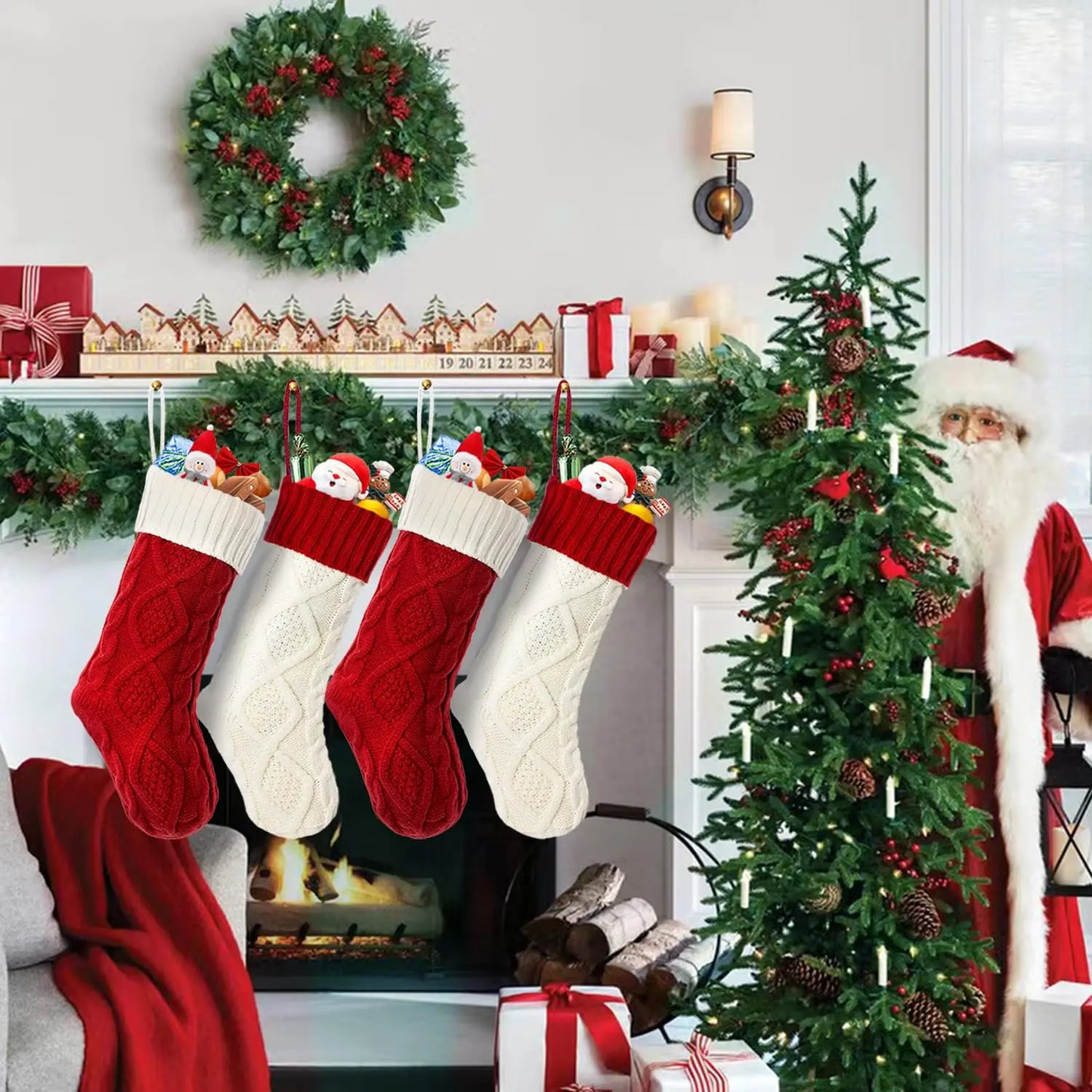 18” Knitted Christmas Stocking – Cozy Holiday Gift Bag for Fireplace, Christmas Tree & Home Decor