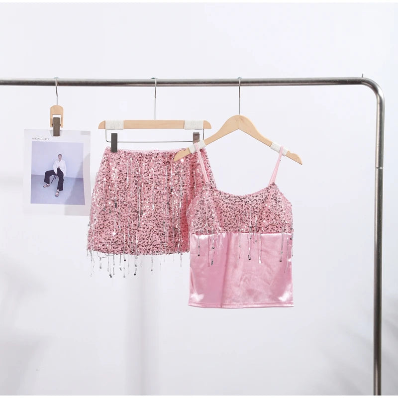 Unique Tassel Sequin Halter Tops Sparkling Waist Cinching Solid Color Mini Skirt Women's Casual Luxury Beach Women Glitter Suits