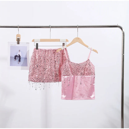 Unique Tassel Sequin Halter Tops Sparkling Waist Cinching Solid Color Mini Skirt Women's Casual Luxury Beach Women Glitter Suits