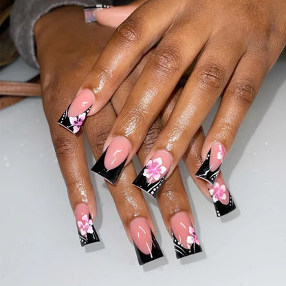 Chic Black French Press-On Nails with Pink Flower Charms – Stylish & Detachable Square Tips for Women & Girls
