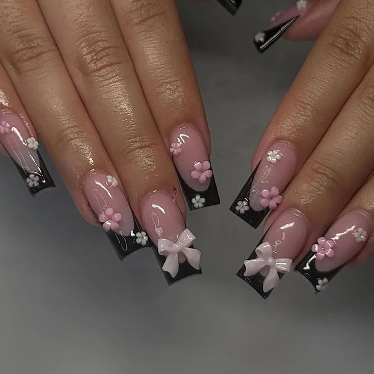 Chic Black French Press-On Nails with Pink Flower Charms – Stylish & Detachable Square Tips for Women & Girls