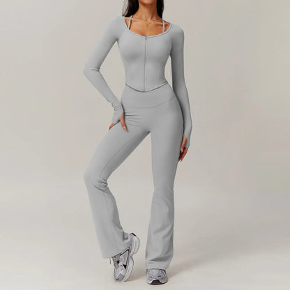 FitFlex 2-Piece Yoga Set: Long Sleeve Crop Top & High-Waist Leggings for Workout & Fitness