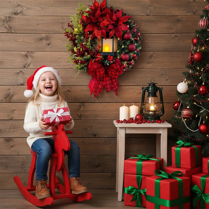 30CM Christmas Front Door Wreath – Red Ornament & Pine Garland Holiday Hanging Decor