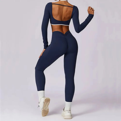 EmpowerFit 2-Piece Workout Set: Sculpting High-Waist Leggings & Long Sleeve Push-Up Sports Bra