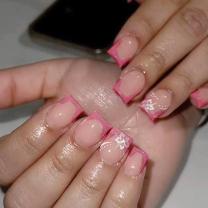 Chic Black French Press-On Nails with Pink Flower Charms – Stylish & Detachable Square Tips for Women & Girls