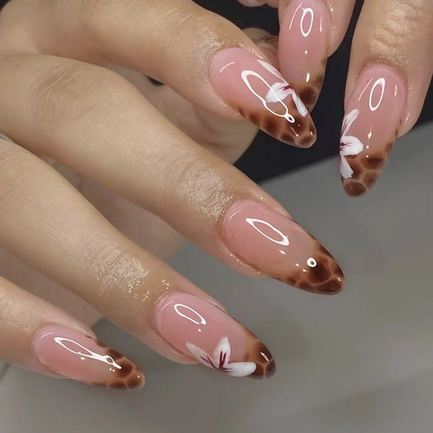 Chic Black French Press-On Nails with Pink Flower Charms – Stylish & Detachable Square Tips for Women & Girls