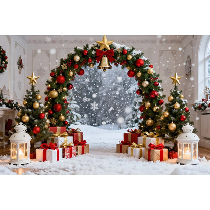 Holiday Arch Christmas Photography Backdrop – Red & Gold Festive Scene