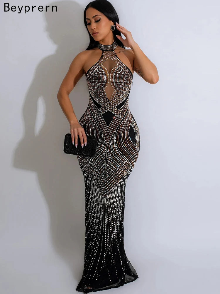 Glam Rhinestone Backless Maxi Dress – Diamond Mesh Party Look