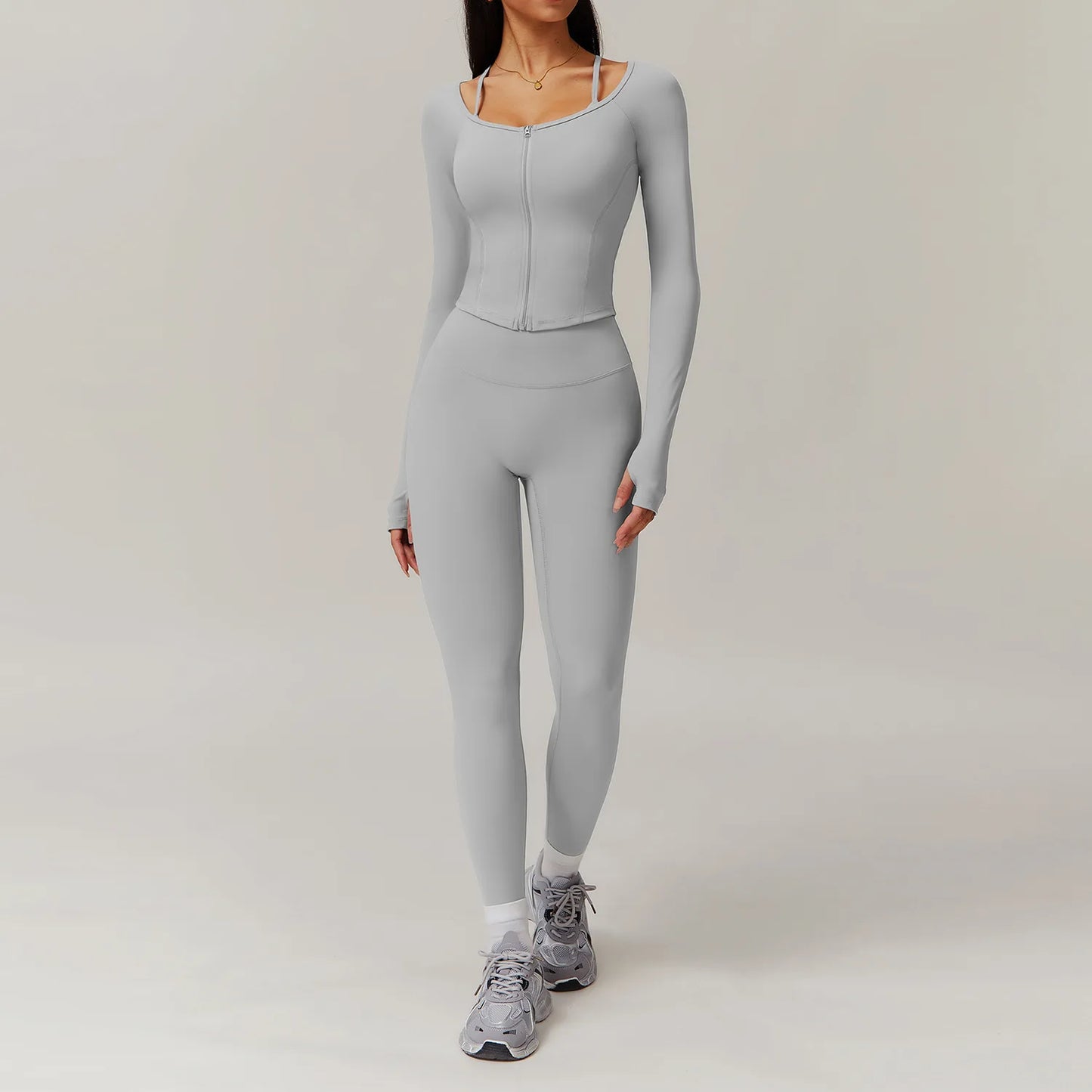 FitFlex 2-Piece Yoga Set: Long Sleeve Crop Top & High-Waist Leggings for Workout & Fitness