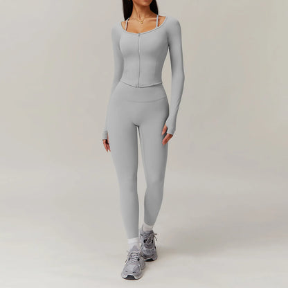 FitFlex 2-Piece Yoga Set: Long Sleeve Crop Top & High-Waist Leggings for Workout & Fitness