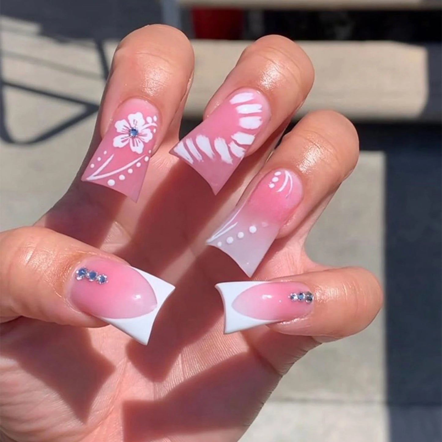 Chic Black French Press-On Nails with Pink Flower Charms – Stylish & Detachable Square Tips for Women & Girls