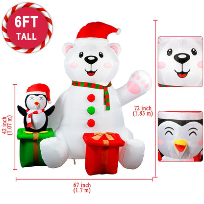 6FT Polar Bear & Penguin Christmas Inflatable – LED Light-Up Outdoor Holiday Blow-Up Decoration (US/UK/EU Plug)