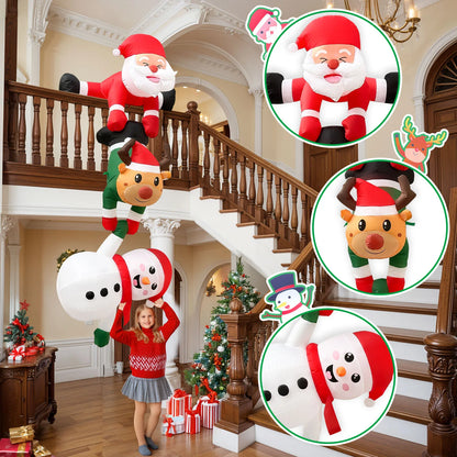 8FT Christmas Inflatable Decorations – Santa Climbing with Reindeer, Snowman & Elves | Outdoor Holiday Yard Display