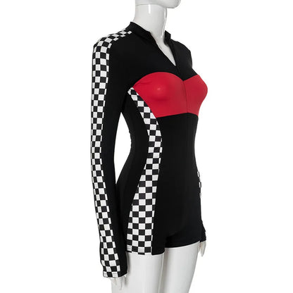 Redline Y2K Moto Jumpsuit – Zip-Up Bodycon Long Sleeve Romper