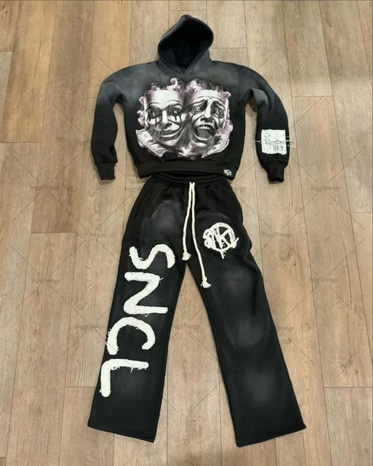 Urban Chaos Y2K Tracksuit – Hot Pink & Black Graphic Streetwear Set