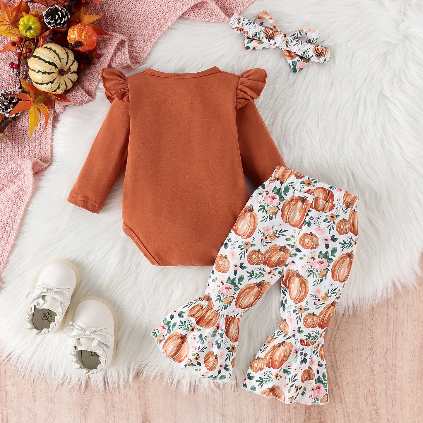 Little Pumpkin 3-Piece Baby Outfit – Long Sleeve Top, Pumpkin Pants & Bow Headband | Fall & Halloween Baby Set