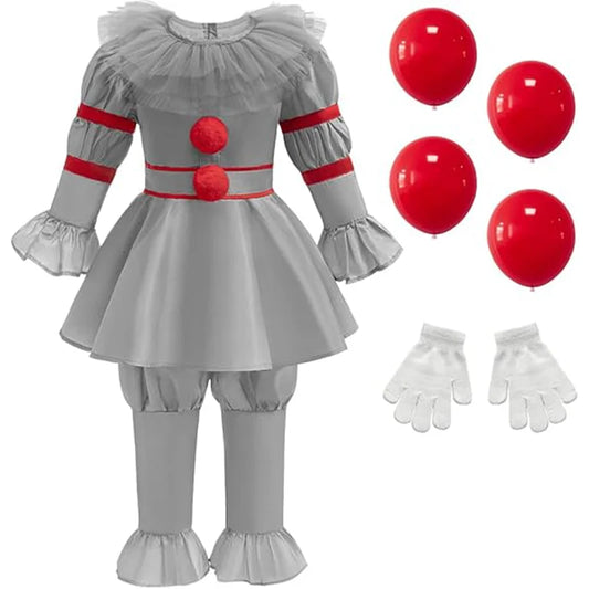 ✨ Kids Creepy Clown Halloween Costume – Pennywise-Inspired Cosplay Outfit with Optional Balloon Accessories