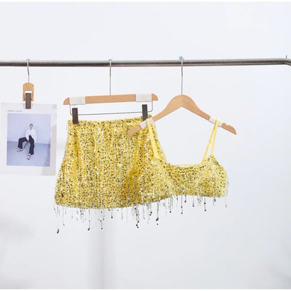 Unique Tassel Sequin Halter Tops Sparkling Waist Cinching Solid Color Mini Skirt Women's Casual Luxury Beach Women Glitter Suits