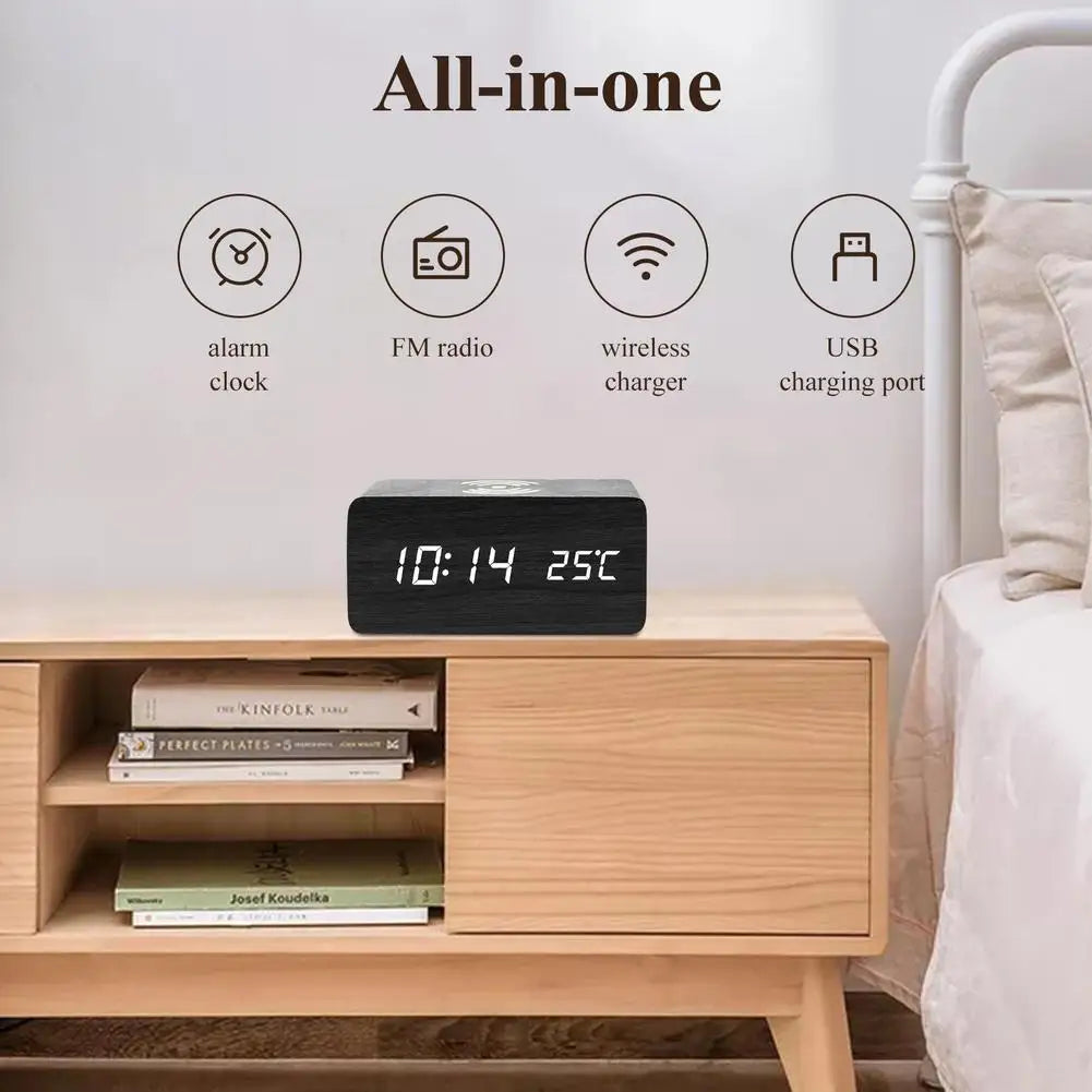 Wooden Digital Alarm Clock 3 Alarms Led Display with Wireless Charging Electronic Alarm Clock For Bedroom Bedside Office