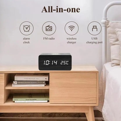 Wooden Digital Alarm Clock 3 Alarms Led Display with Wireless Charging Electronic Alarm Clock For Bedroom Bedside Office