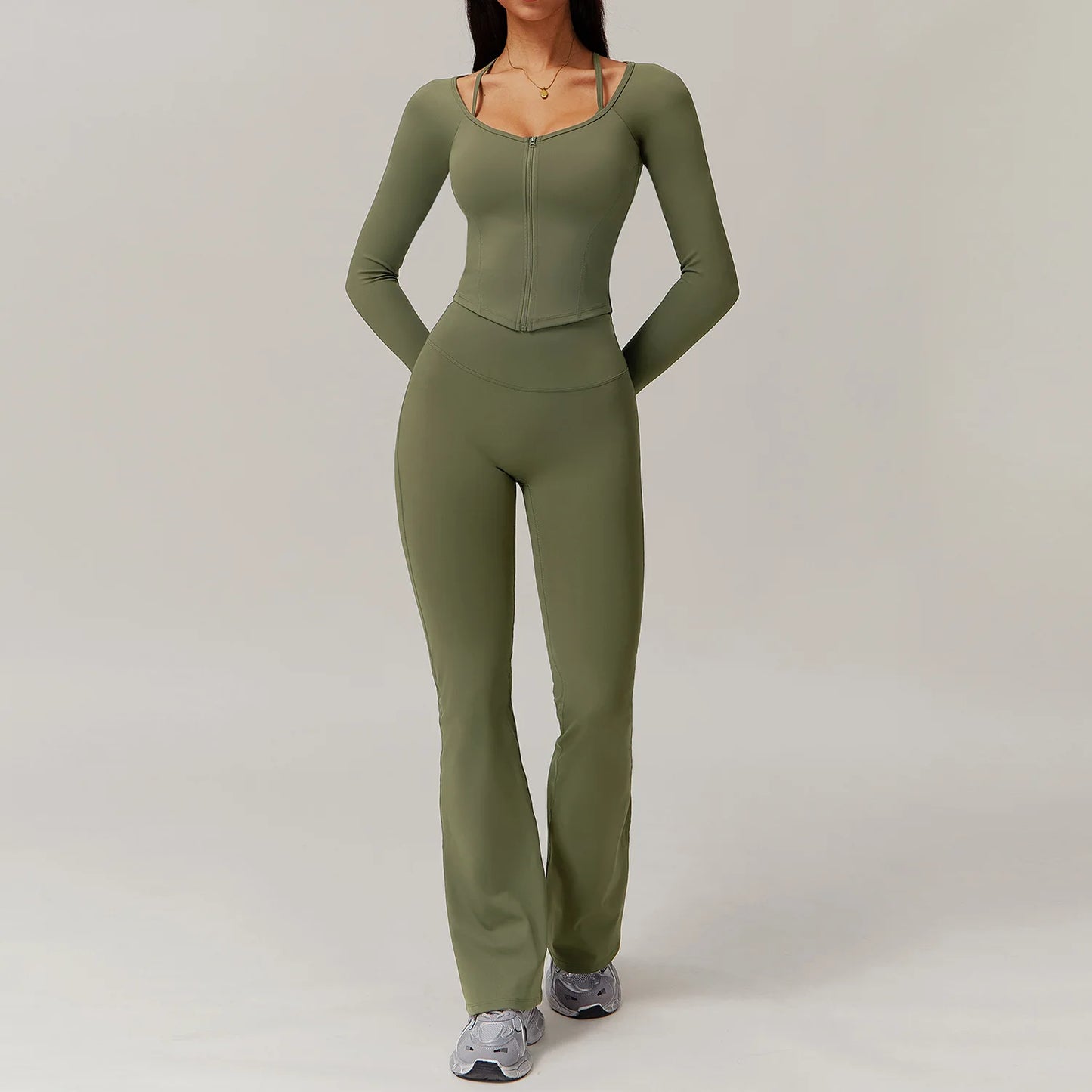 FitFlex 2-Piece Yoga Set: Long Sleeve Crop Top & High-Waist Leggings for Workout & Fitness