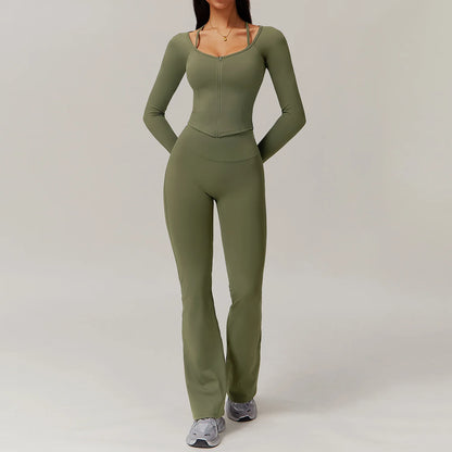 FitFlex 2-Piece Yoga Set: Long Sleeve Crop Top & High-Waist Leggings for Workout & Fitness