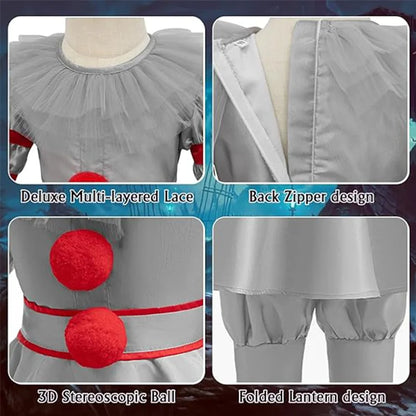 ✨ Kids Creepy Clown Halloween Costume – Pennywise-Inspired Cosplay Outfit with Optional Balloon Accessories