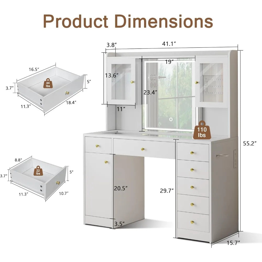 LuxeGlow LED Vanity Desk – Glass Top Makeup Table with 7 Drawers & 3 Cabinets