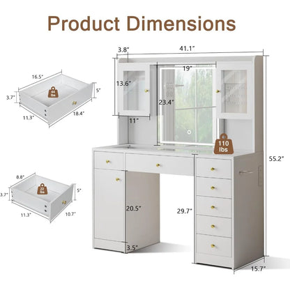 LuxeGlow LED Vanity Desk – Glass Top Makeup Table with 7 Drawers & 3 Cabinets