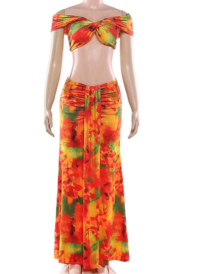Sunset Heat Off-Shoulder Two-Piece Set (Crop Top + Maxi Skirt)