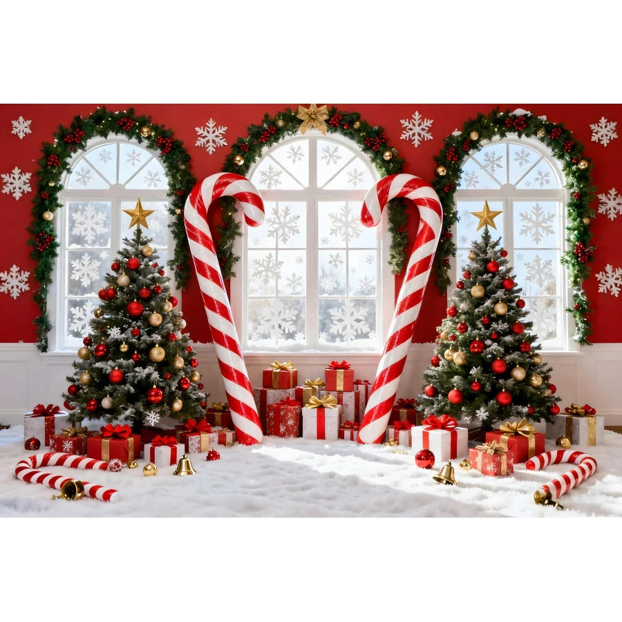 Holiday Arch Christmas Photography Backdrop – Red & Gold Festive Scene