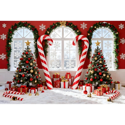 Holiday Arch Christmas Photography Backdrop – Red & Gold Festive Scene