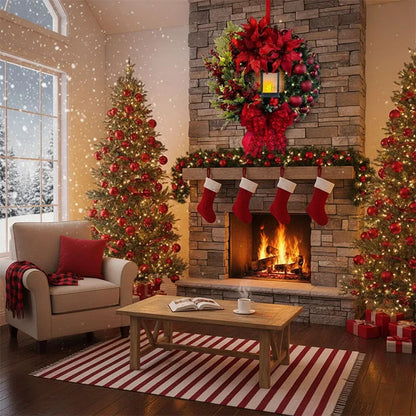 30CM Christmas Front Door Wreath – Red Ornament & Pine Garland Holiday Hanging Decor