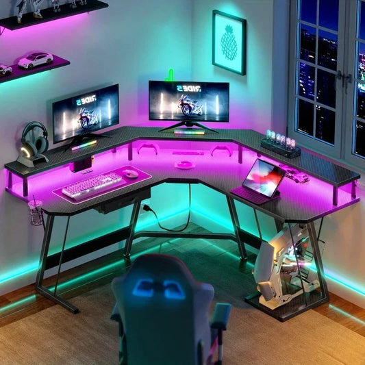 GlowZone™ RGB Gaming Desk – Corner Setup with Power Ports