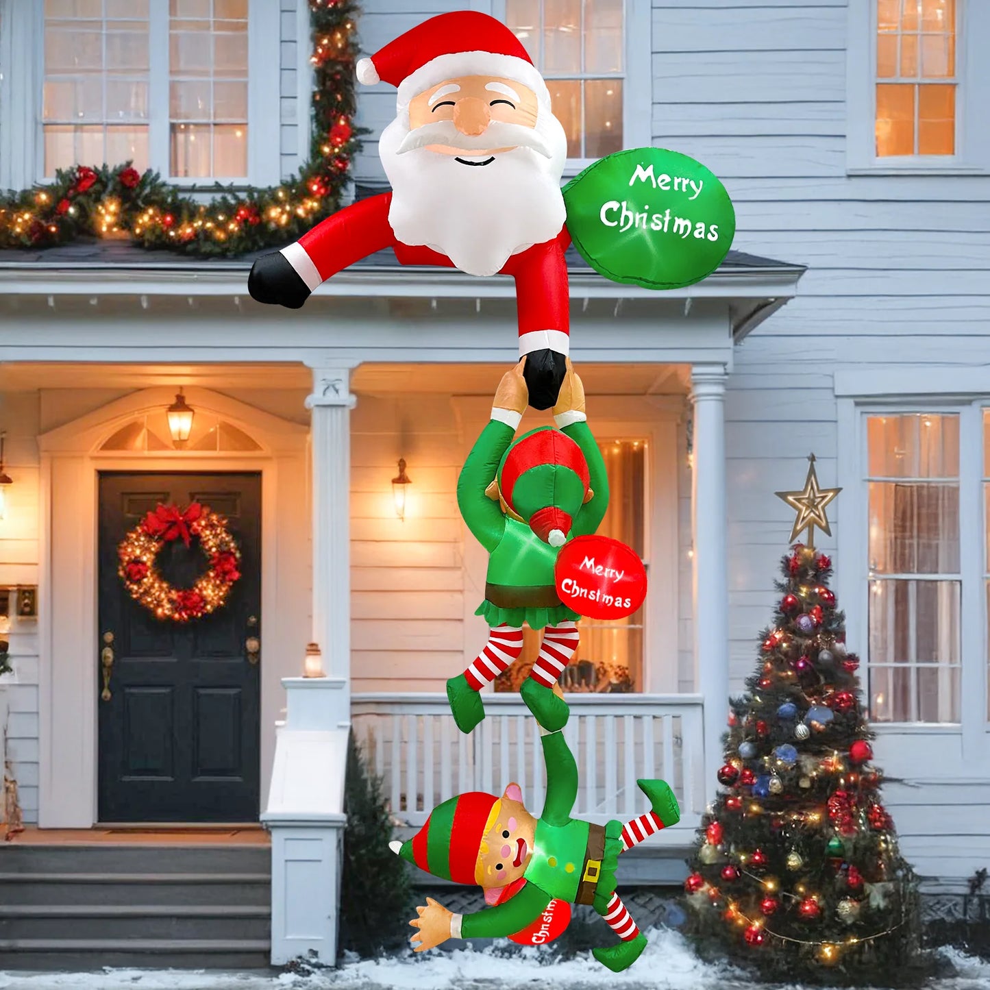 8FT Christmas Inflatable Decorations – Santa Climbing with Reindeer, Snowman & Elves | Outdoor Holiday Yard Display