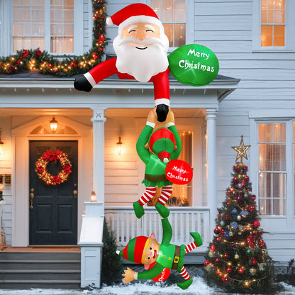 8FT Christmas Inflatable Decorations – Santa Climbing with Reindeer, Snowman & Elves | Outdoor Holiday Yard Display