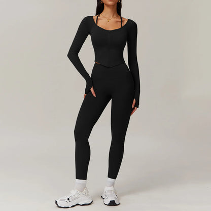 FitFlex 2-Piece Yoga Set: Long Sleeve Crop Top & High-Waist Leggings for Workout & Fitness