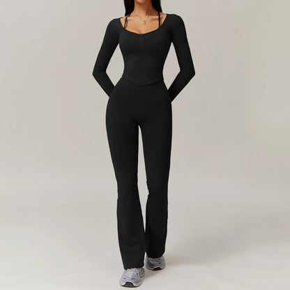 FitFlex 2-Piece Yoga Set: Long Sleeve Crop Top & High-Waist Leggings for Workout & Fitness