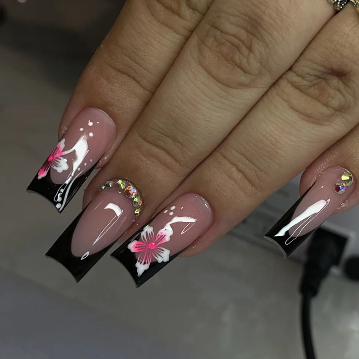 Chic Black French Press-On Nails with Pink Flower Charms – Stylish & Detachable Square Tips for Women & Girls