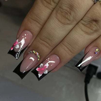 Chic Black French Press-On Nails with Pink Flower Charms – Stylish & Detachable Square Tips for Women & Girls