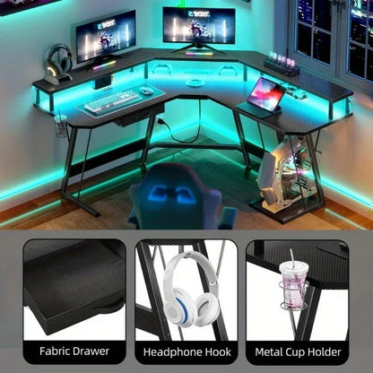 GlowZone™ RGB Gaming Desk – Corner Setup with Power Ports