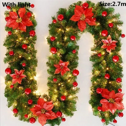 Christmas LED Rattan Garland Banner, 2.7M Artificial Xmas Tree Wreath for Home Fireplace Door Staircase Party Wall Decoration