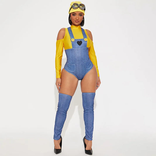 Minion Madness Women’s Cosplay Jumpsuit Set – Halloween Cartoon Character Costume