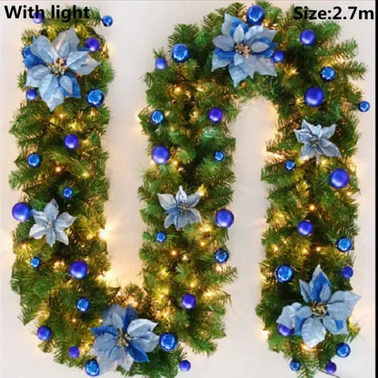 Christmas LED Rattan Garland Banner, 2.7M Artificial Xmas Tree Wreath for Home Fireplace Door Staircase Party Wall Decoration