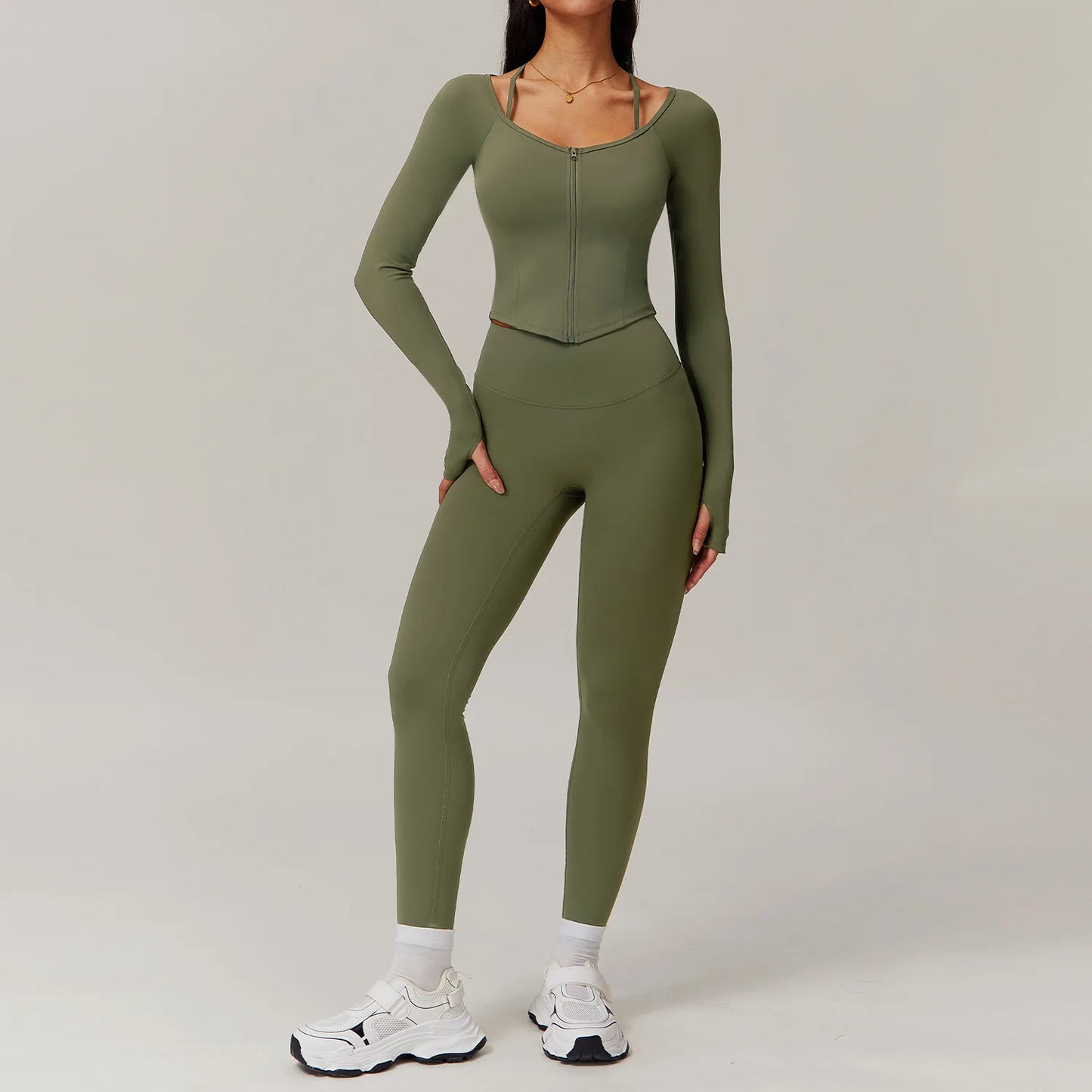 FitFlex 2-Piece Yoga Set: Long Sleeve Crop Top & High-Waist Leggings for Workout & Fitness