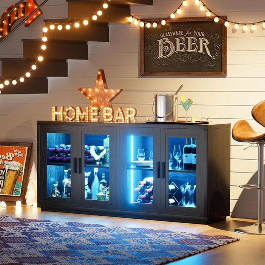 Aurora Glow Wine & Coffee Bar Cabinet – Modern LED Sideboard with Storage