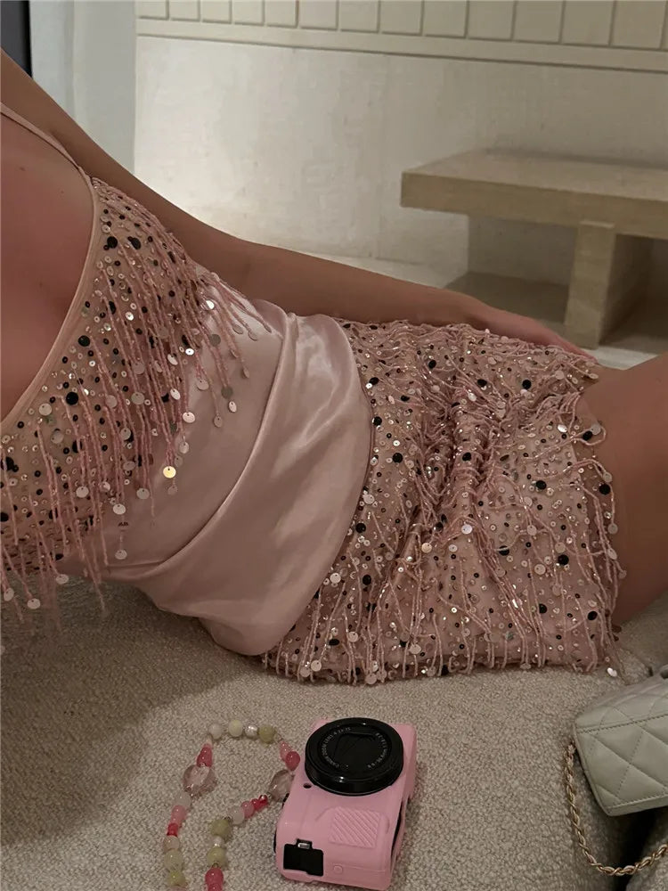 Unique Tassel Sequin Halter Tops Sparkling Waist Cinching Solid Color Mini Skirt Women's Casual Luxury Beach Women Glitter Suits