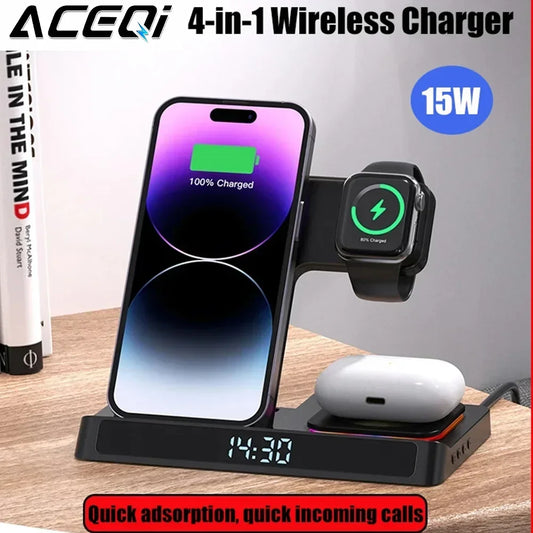 4-in-1 Foldable Wireless Charger Stand – Fast Charging Dock for iPhone 15/14/13/12, Apple Watch & AirPods